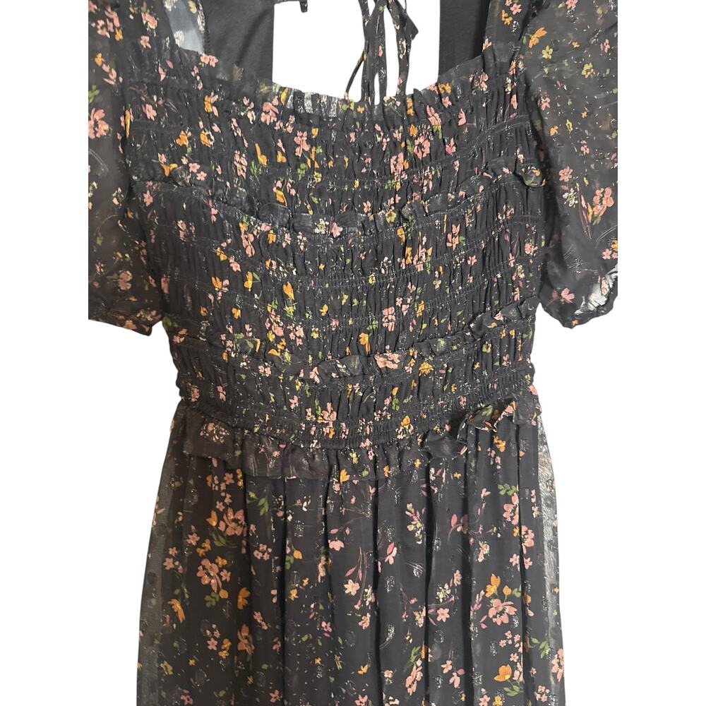Slate & Willow Black Floral Print Chiffon Puff Sleeve Smocked Maxi Dress Small - Picture 6 of 13